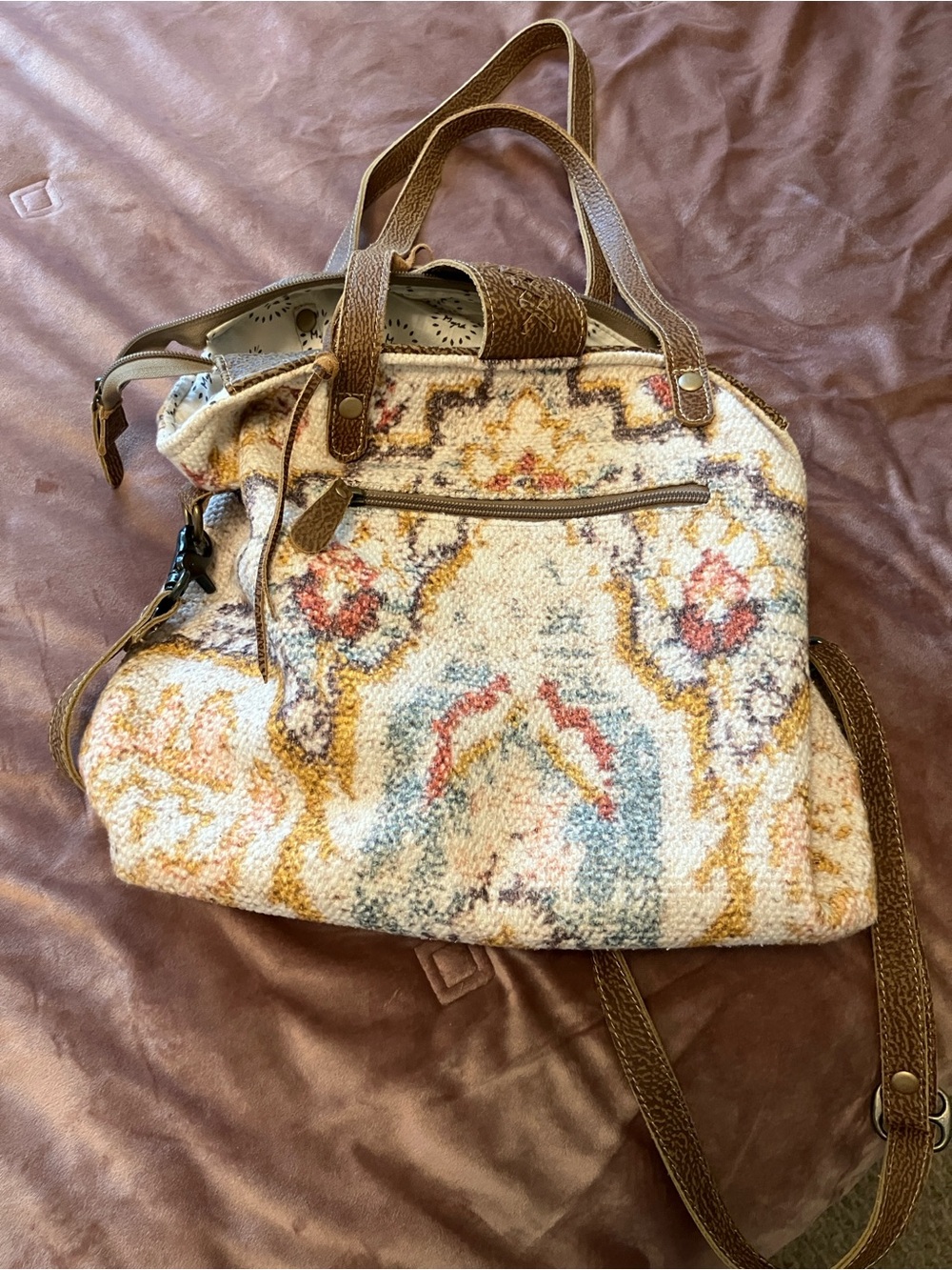 Boho Myra Bag Multicolor Woven Tapestry Tote with Brown Leather Trim - Picture 4 of 8
